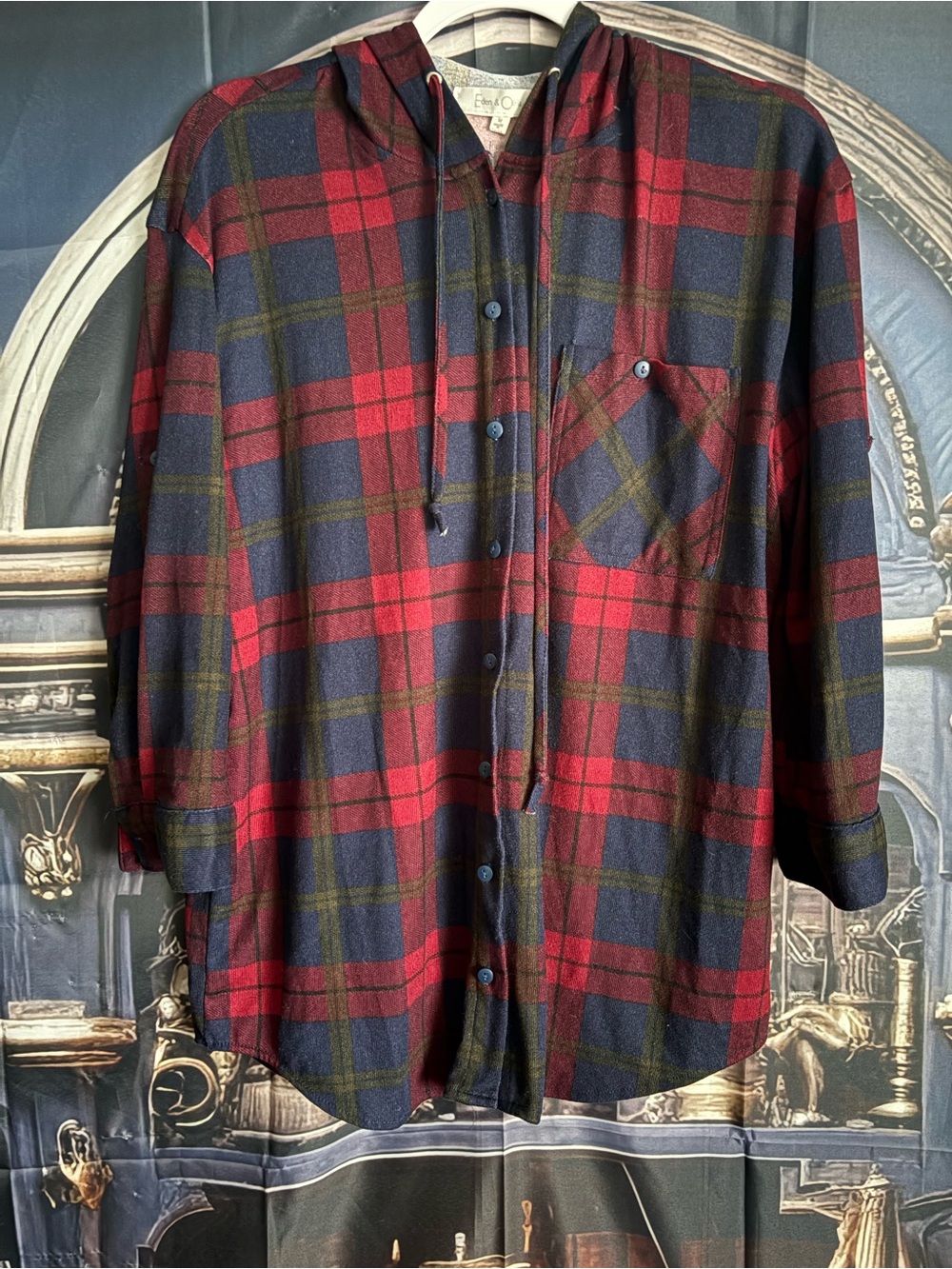 Eden & Olivia Plaid Hooded Shirt in Red, Navy & Olive